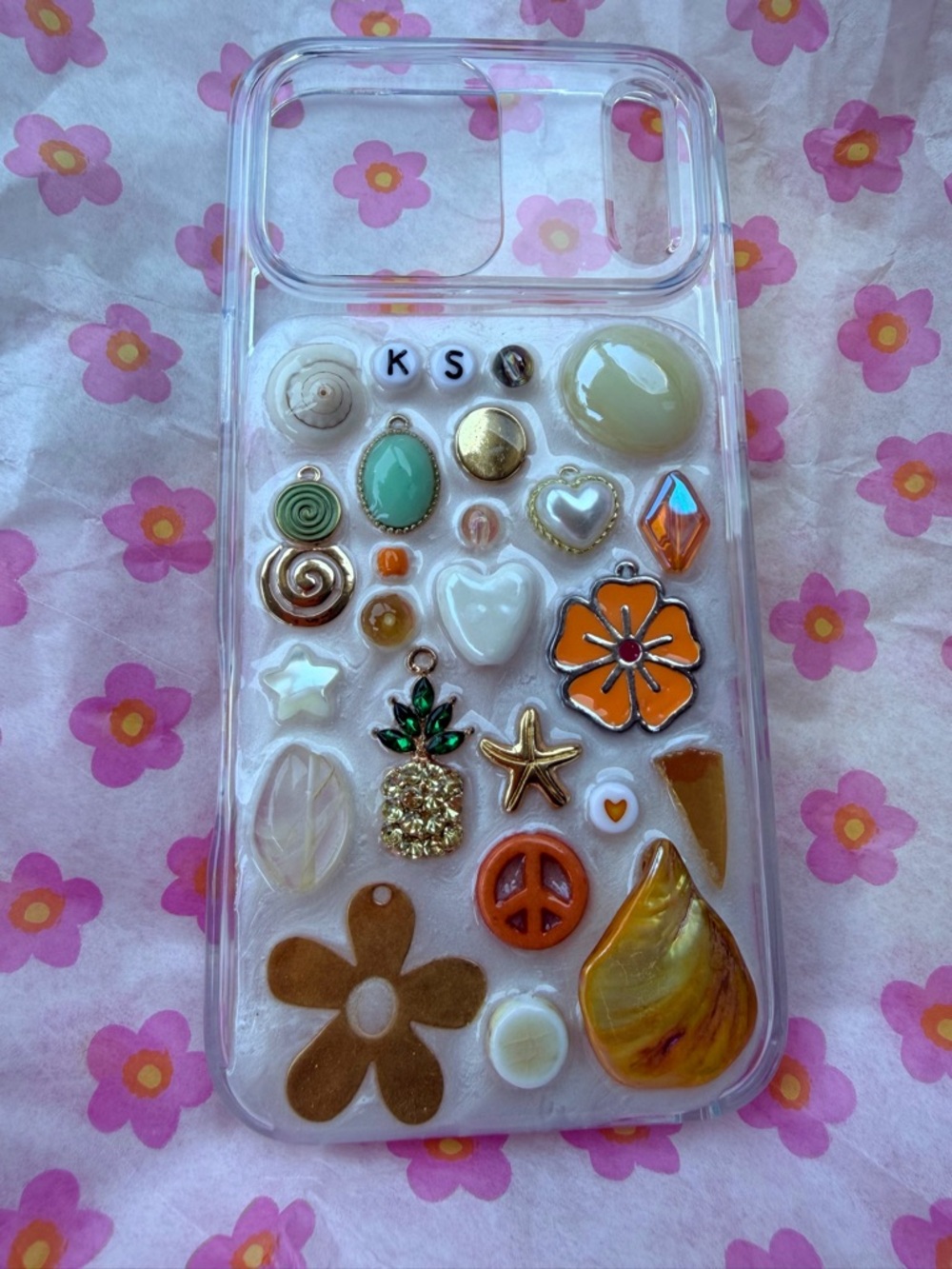 Clear Decorative Phone Case with Orange & Gold Charms